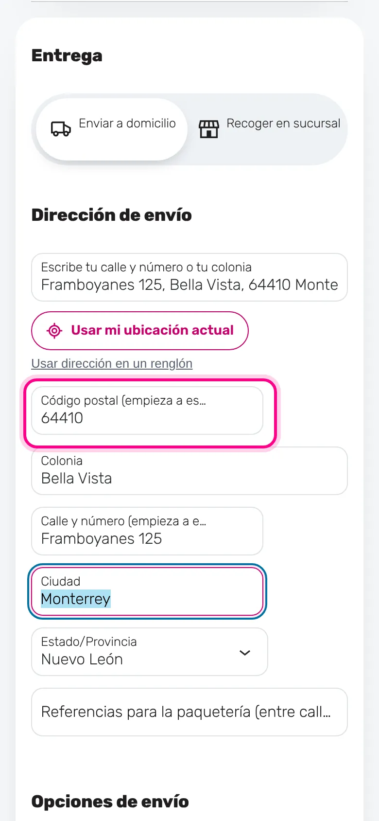 Elige «Enviar a domicilio» y escribe tu dirección (celular)