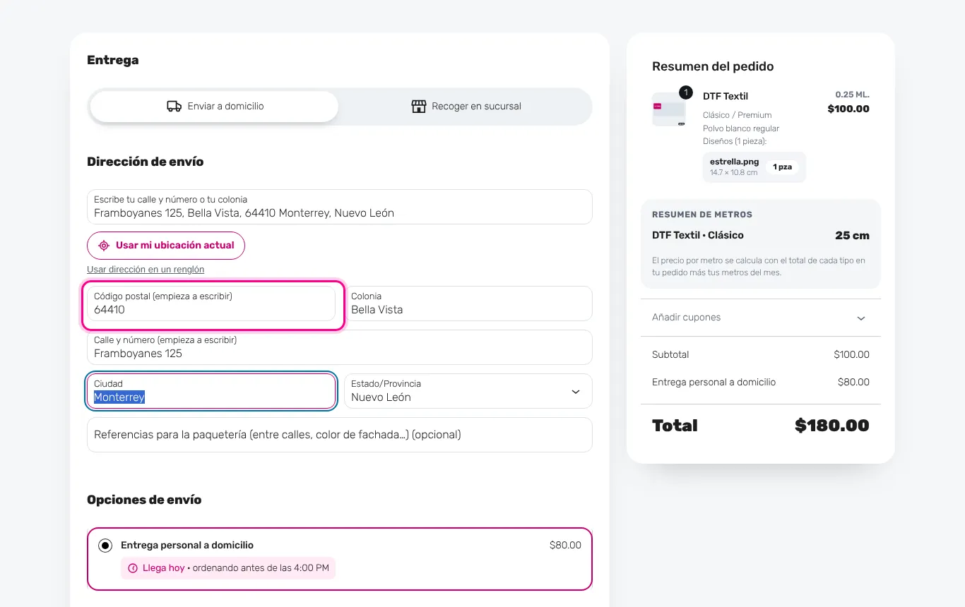 Elige «Enviar a domicilio» y escribe tu dirección (computadora)