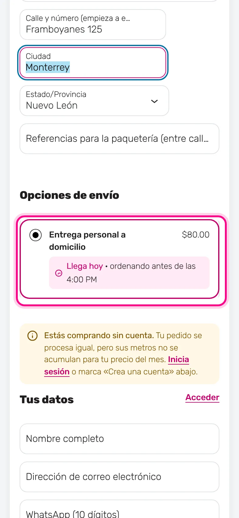 Elige «Entrega personal a domicilio» (celular)