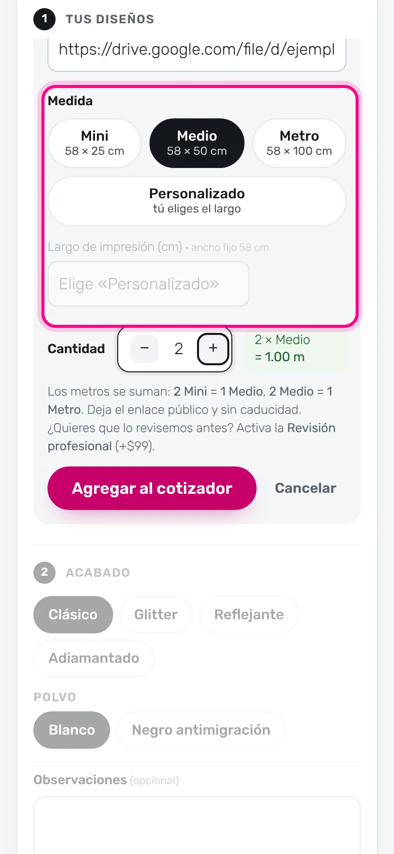 Elige medida y cantidad (celular)