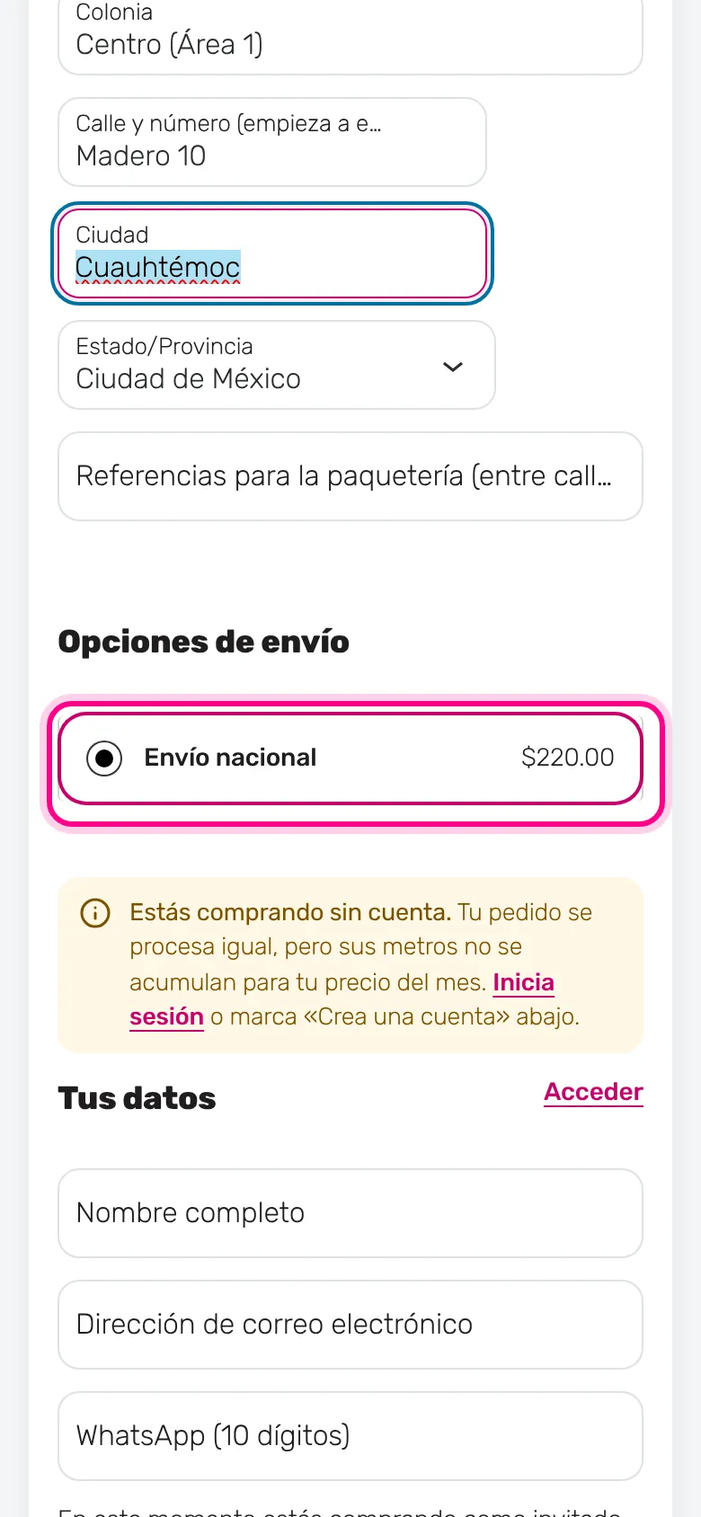 Envío nacional (celular)