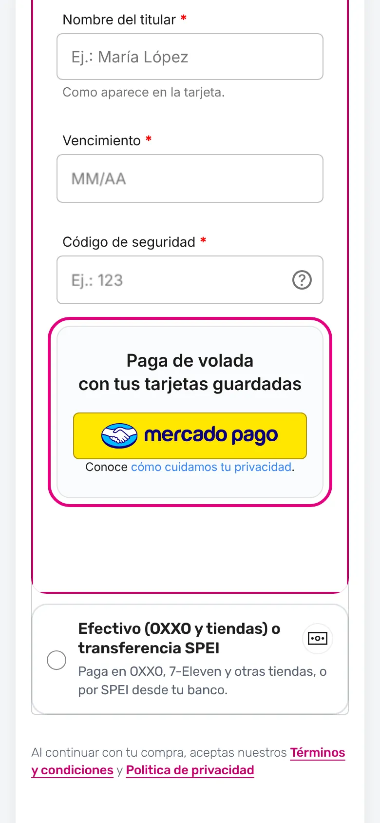 Toca el botón amarillo de Mercado Pago (celular)