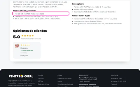 Precio del DTF por metro: descuentos por volumen y metros del mes