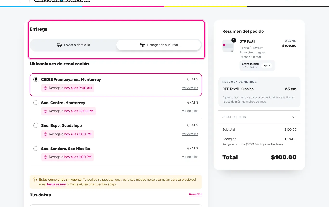 Elige «Recoger en sucursal» (computadora)