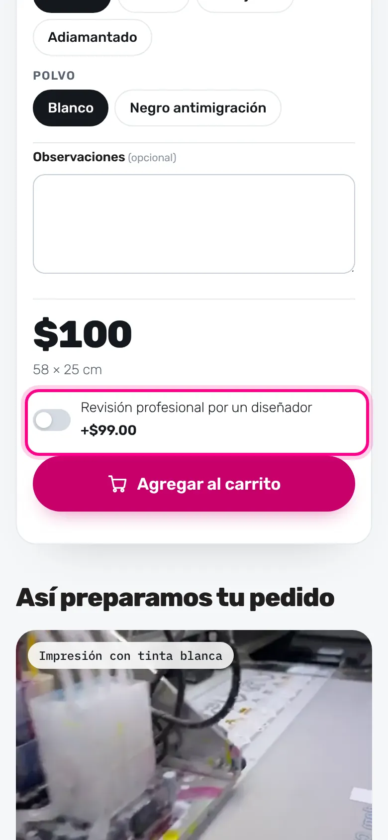 Actívala antes de agregar al carrito (celular)